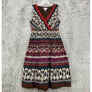 Charter Club Brown Red Blue Beaded Sleeveless Cotton Ikat Midi Dress Womens 10P